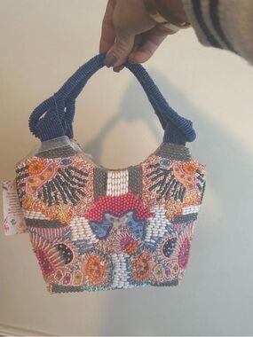 Beaded Multicolor Mini Tote Bag - Blue Handle